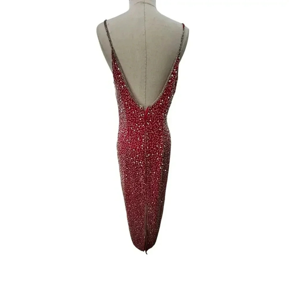 Lawrence Kazar Red 100% Silk Long Dress Size M all over sequin vintage - Picture 4 of 12